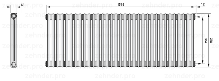 Схема (чертеж) Радиатор Zehnder Charleston 2075/33 №7610 Белый глянцевый RAL 9016